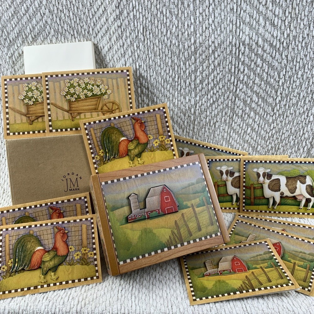 VTG 2003 BETH LOGAN Wooden Box With 3D Notecards Farm Cow Barn Rooster Daisies